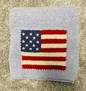 Ralph Lauren Polo American Flag Navy Wool Ribbed Knit Scarf Light Blue 60x9” VGC - Picture 1 of 5