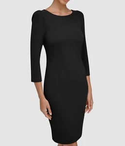 Calvin Klein Women's Black Scuba Crepe Boat Neck 3/4 Sleeve Sheath Dress Size 2 - Picture 1 of 4