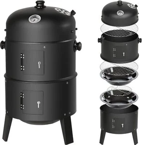 Barbecue Affumicatore BBQ Da Esterno 3 In 1 A Carbonella Termometro E Vaschetta - Foto 1 di 12