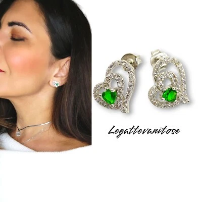 Orecchini in argento 925  cuore  con zirconi a pave' bianchi e verde smeraldo - Immagine 1 di 4
