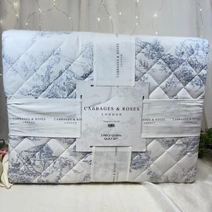 Cabbages & Roses London Toile Blue French Country Garden Queen Quilt Set 3PC - Picture 1 of 12