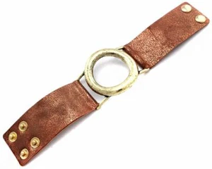 Armband braun Kunstleder rund Kreis Knopf brüniert gelbgoldfarben - Bild 1 von 1