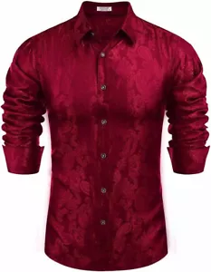 Men Dress Shirt Size L Red Long Sleeve Button Down Silk-like Paisley Floral - Picture 1 of 6