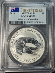 2014 $1 Australia Saltwater Crocodile 1 Oz Silver PCGS MS70 First Strike Ounce - Picture 1 of 4
