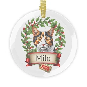 Custom Holiday Pet Cat Glass Ornament - Calico - Picture 1 of 5