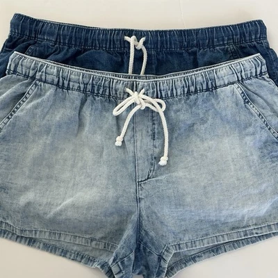 Lot Of 2 Aerie Soft Denim Shorts Pull On Elastic Drawstring Waist Size L Blue - Image 1 of 4