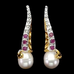 925 Sterling Silver Earrings Round Ruby Pearl Natural Gemstone Jewelry - Picture 1 of 13
