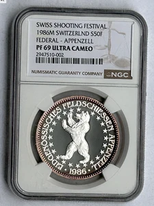 SWISS SHOOTING FESTIVAL  SILVER 50 FR 1986 FEDERAL - APPENZELL PF 69 ULTRA CAMEO - Picture 1 of 4