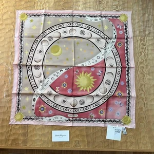Salvatore Ferragamo Unused Silk Scarf Sun Moon Pink Cream 70×70cm w/Case - Picture 1 of 6