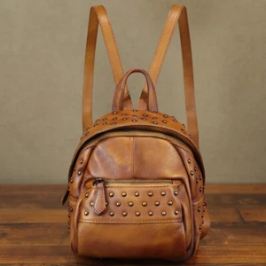 Genuine Leather Small Backpack Purses Women Knapsack Retro Leather Rucksack - Picture 1 of 16