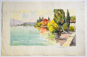AQUARELLE originale signée L. MILLET, PAYSAGE lac, Art XXe, vintage Watercolor - Imagen 1 de 1