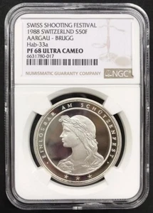 Switzerland 1988 Silver 50 Francs Shooting Taler AARGAU  NGC PF68 ULTRA CAMEO - Picture 1 of 2