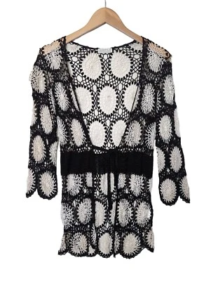 Joseph A Crochet Knit Cardigan Women Small Black White Fairy Dainty Boho Artsy - Image 1 of 4