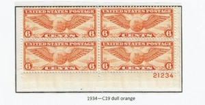 1934 U.S. Airmail 6c Dl Org Winged Globe Plt#BLK Sc#C19 M/NH/OG GEM ^ - Picture 1 of 1