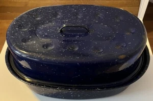 Vintage Emaillegeschirr Bräter Pfanne Granitgeschirr mit Deckel blau/weiß gesprenkelt oval groß - Bild 1 von 20
