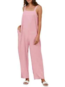 Jumpsuit Bib Overalls Adjustable Sleeveless Wide Leg Pants Romper Overall Pink S - Picture 1 of 9