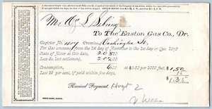 1878 EASTON GAS CO BILL*WM SEBRING*WASHINGTON STREET*PRINTED ARGUS*PENNSYLVANIA - Picture 1 of 2