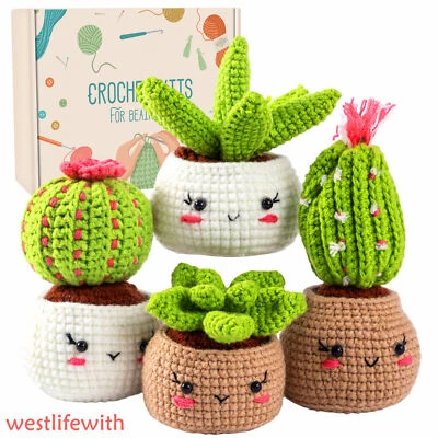 MARKENLOS 4Tlg SET Kaktus Häkelset für Anfänger mit Häkelnadeln, Garn Set, DIY-Häkelset