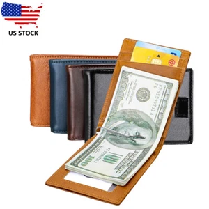 Men's RFID Blocking Wallet Leather Wallet Credit Card Holder Bag Mini Money Clip - Picture 1 of 18