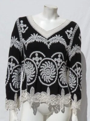 Camisa Blusa Top LAPIS US Para Mujer S Negra Marfil Bordada Rayón Crochet Encaje Foto 1 de 4
