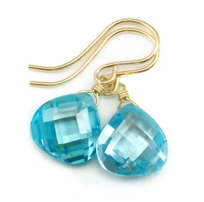 14k Solid Gold Cubic Zirconia Earrings Aquamarine CZ Heart Dainty Sterling Drop - Image 1 of 4