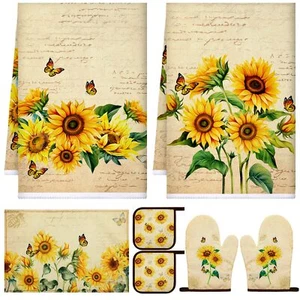Kitchen Towels Pot Holder Sets Oven Mitts Dish Cloths Sunflower 6 Pieces - Picture 1 of 6