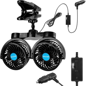Car Fan 12V, Dual Head 4 Inches Clip-On 360 Rotatable Cooling for Black - Picture 1 of 7