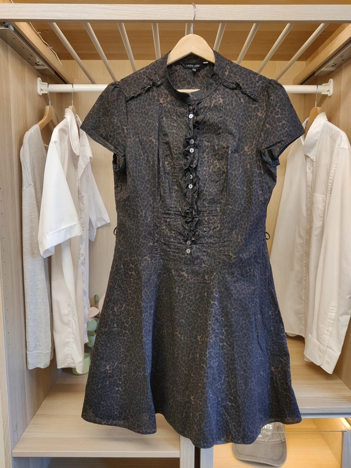 CAMISA DE VESTIR LAURA ASHLEY TALLA UK 14 MARRÓN/NEGRO MANGA CORTA ANIMAL PRINT MUJER Foto 1 de 4