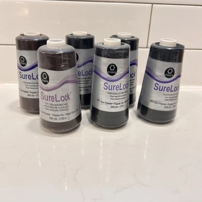 Coats Surelock Overlock Thread 3000yd Set of 6 Spools Black & Brown - Image 1 of 4