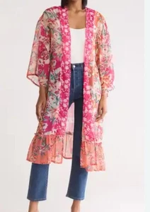 Nuevo con etiquetas Vince Camuto Kimono Topper Talla Única Estampado Mixto Gasa Fucsia Melocotón Floral - Imagen 1 de 11