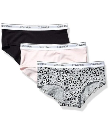 Calvin Klein Girls Cotton Hipster 3-Pack Pink Black Leopard Sz S (6/6X) - Image 1 of 4