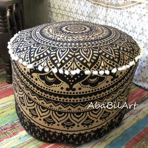 22" New Indian Pouf Ottoman Black Golden Printed Mandala Foot Stool Pouf Covers - Picture 1 of 4