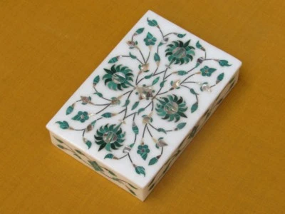 Marble Jewelry Box Decorative Floral Design Inlay Malachite Stone Handmade - Image 1 of 3