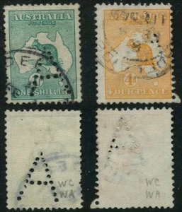 AUSTRALIA 1914 KANGAROOS A PERFIN ADELAIDE...4d + 1/-...L1 - Picture 1 of 1