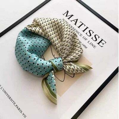 100% Mulberry Silk 20'' Small Scarf Women Neckerchief Wrap Green Blue Geometric - Image 1 of 3