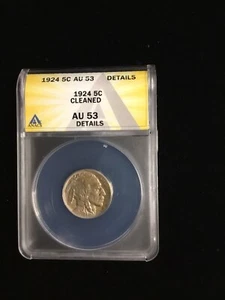 1924 5C Buffalo Nickel 5 Five  Cents AU 53 ANACS **Cleaned** - Picture 1 of 4