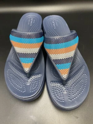 Crocs Monterey Sandals Womens 7 Beaded Blue Multicolor  Stripe Wedge Flip Flop - Image 1 of 4