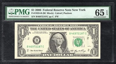 FR. 1933-B 2006 $1 FRN FEDERAL RESERVE NOTE NEW YORK, NY PMG GEM UNC-65EPQ - Image 1 of 2