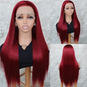 Rote Synthetik Lace Front Perücken Natur Baby Haar Kleberlos HD Lace Lang Glatt - Bild 1 von 7