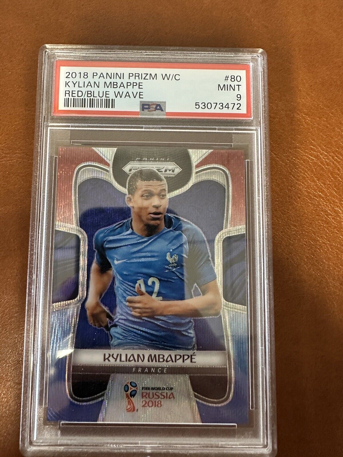 2018 Panini Prizm World Cup Red Blue Wave Kylian Mbappe RC Rookie #80 PSA 9