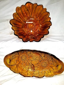 Vintage Indiana Carnival Glass Amber Lily Pons Daisy 6" Bowl and 8"dish lot of 2 - Picture 1 of 9