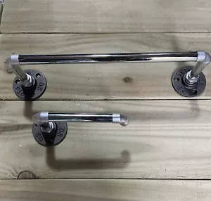 Industrial Chrome Pipe Wall Toilet Roll & Towel Holder Rail Set - Picture 1 of 8