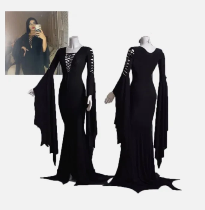 Halloween Kleid 'Morticia Addams' Damen – Schwarz, Mit Unregelmäßigen Ärmeln, Seitlichem Schlitz, Ohne Gürtel