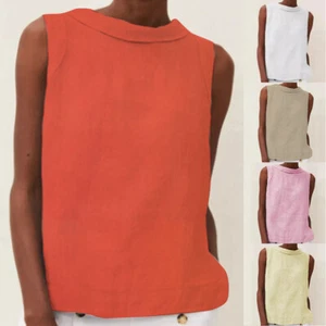 US Womens Cotton Linen Sleeveless Tank Top Vest Ladies Loose T-Shirt Cami Blouse - Picture 1 of 26