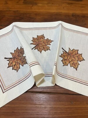 Table Top Topper Runner Embroidered Leaf Fall Decorative Linen Arlette Hand Made - Image 1 of 4