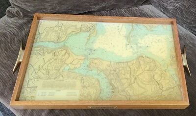 Serving Tray Huntington Long Island Handmade Wood Resin Map Boat Cleet Handles - Image 1 of 4