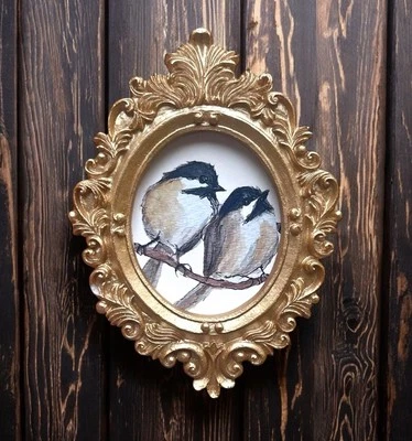 Black-Capped Chickadees mini gold ornate framed print of watercolor painting - Image 1 of 2