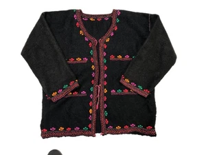Rustikale schwarze bestickte ungefütterte Jacke aus gekochter Wolle, Lg, schwer gewebt - Bild 1 von 5