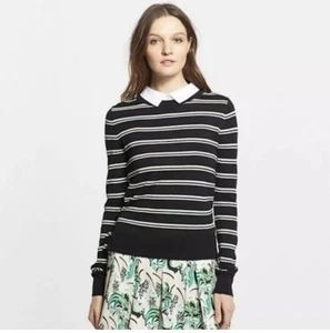 VERONICA BEARD Medium Black White Striped Academia Button Back Sweater Shirt - Picture 1 of 12