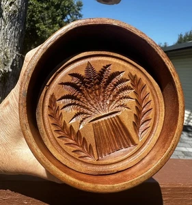Primitive Antique 19th Century Dark Wood Hand Carved Wheat Sheaf Butter Mold - Picture 1 of 8